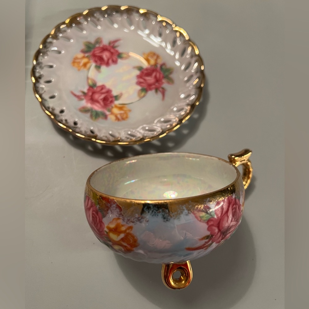 Royal Halsey England Roses Gold Lusterware Fine Bone China cup saucer pierced